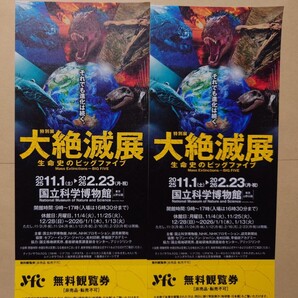 特別展 大絶滅展 無料観覧券 有効期限:2026年2月23日まで有効 2枚セット 迅速発送 送料無料