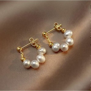 ピアスパール(ゴールド)ゆらゆら輪っか金玉パールアクセサリーレディース011