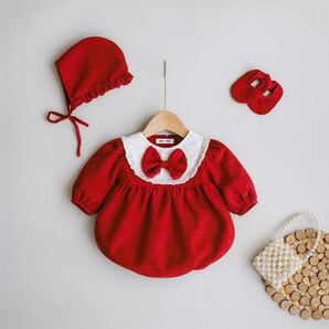 新品 ベビードレス お食い初め お宮参り ロンパース ワンピース 退院着 新生児 赤 秋着