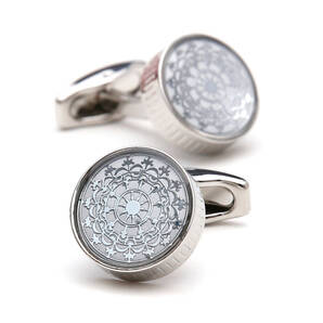 カフス ボタン カフスボタン エスニックパターン 高級陶器風 曼荼羅模様 ホワイト シルバー カフリンクス C145.1