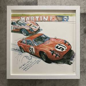 ●額装品 BOW。 池田和弘 アバルトシムカ 貴重イラスト 切り抜き スクエアサイズ額入り 27cm×27cm 背面スタンド付き B179