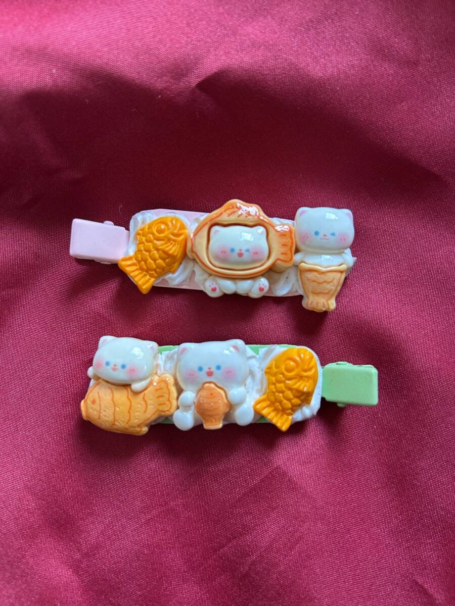 ホイップヘアピン　☆ホイップデコ☆　キッズヘアクリップ2本　ネコ　たい焼き