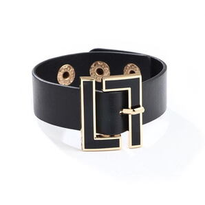 簡単に今っぽさプラス●ハイブラ流行太目レザーゴールドバングル 幾何学模様レトロ黒