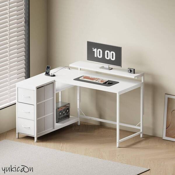 L字デスク パソコンデスク 机 pcデスク ホワイト 幅100.5cm モニタ台の高さ調節可能 本棚付き 引き出しとコンセント付き 左右入れ替え対応