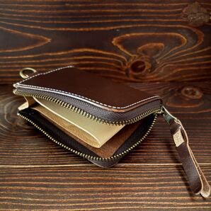 S63 本革 コードバン コンパクト 財布 コインケース YKKファスナー 茶■上質な大人仕様 ブラウン ヌメ革 Dカン付き 小銭入れ