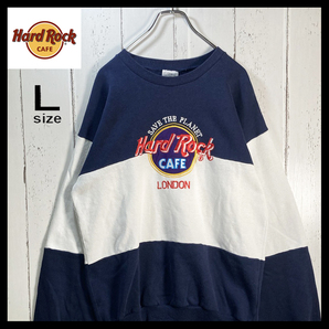【USED】 ハードロックカフェ Hard Rock CAFE London スウェット トレーナー 刺繍ロゴ 古着 ネイビー×ホワイト( Lサイズ ) ☆送料無料☆