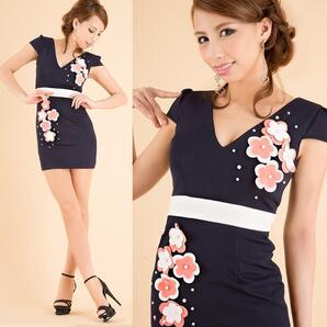 an アン フラワーモチーフ ミニドレス ネイビー キャバドレス