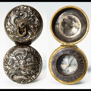【治】雲龍彫 蝋燭立付 方位磁石☆コンパス 羅針盤 (検索:根付 明治金工 古い 金具 彫刻 提物 腰堤 印籠 尾締 煙草具 煙草入 煙管) BCF081