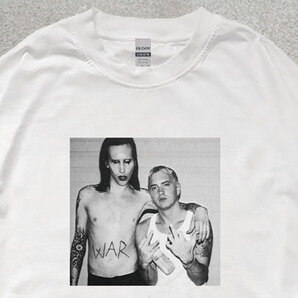 マリリン・マンソン エミネム MARILYN MANSON EMINEM フォトプリント リブ付き 長袖 Tシャツ ロンT ユニセックス 綿100% シロ M L XL
