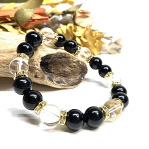 モリオン&水晶 パワーストーン ブレスレット 天然石ブレス (ゴールド) 10mm メンズ・レディース 厄除け 開運 願望成就 魔よけ ☆