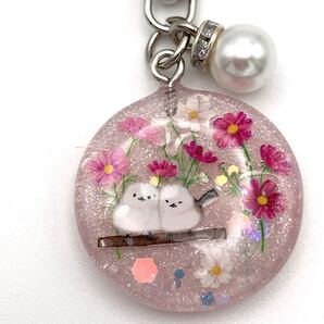 メモリーオイル キーホルダー チャーム ストラップ パール シマエナガ アクセサリー レジン 北海道の野鳥 御守り かわいい コスモス 秋桜