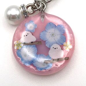 キーホルダー メモリーオイル ネモフィラ チャーム ストラップ パール シマエナガ アクセサリー レジン 北海道の野鳥 御守り かわいい 桃