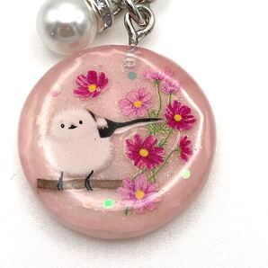 キーホルダー メモリーオイル 秋桜 コスモス チャーム ストラップ パール シマエナガ アクセサリー レジン 北海道の野鳥 御守り かわいい