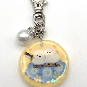 キーホルダー メモリーオイル ネモフィラ チャーム ストラップ パール シマエナガ アクセサリー レジン 黄 北海道の野鳥 御守り かわいい