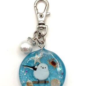 キーホルダー メモリーオイル チャーム ストラップ パール シマエナガ アクセサリー レジン 浜辺 貝殻 北海道の野鳥 御守り かわいい 海
