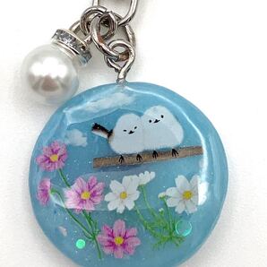 キーホルダー メモリーオイル コスモス 秋桜 チャーム ストラップ パール シマエナガ アクセサリー レジン 北海道の野鳥 御守り かわいい