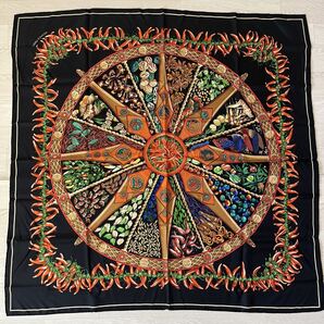 【美品】HERMES エルメス カレ90 AUX PAY DES EPICE スパイスの土地で スカーフ ストール ブラック 女性 レディース シルク Silk 大判 秋冬