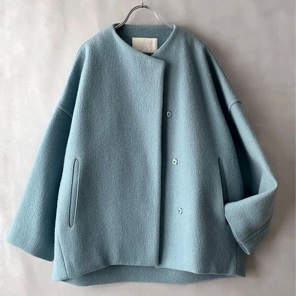 美品 ボールジィ 定価5.2万 リップルメルトンノーカラーコート ウール100% レディース サイズS ゆったり34 ブルー系