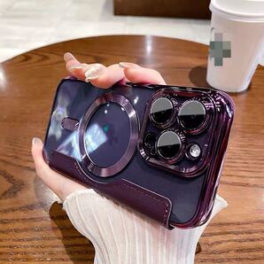 iPhone 13 レザーケース アイフォン13 クリアケース iPhone13 カバー 透明 カード収納 MagSafe充電 手帳型 パープル