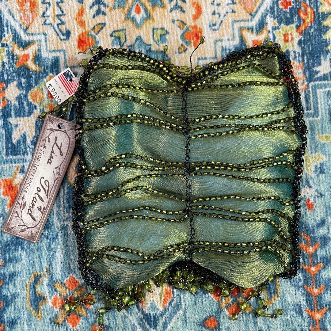 US製 ハンドメイド 巾着式 ビーズバッグ グリーン 新品未使用