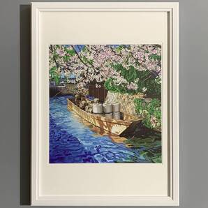 ■鈴木英人■「TAKASEGAWA 2002」/A4額装品/京都府京都市/高瀬川/木屋町通/桜/貴重イラスト/印刷物/インテリア G3848-B