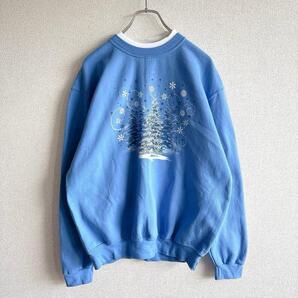 アメリカ古着 スウェット トレーナー 長袖 クリスマス 立体プリント スノー柄 レトロ メンズ レディース 水色 ライトブルー L