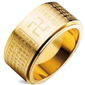卍彫り 般若心経 ステンレス 幅10mm 回転 スピナーリング 指輪 太め 鏡面 メンズ ポーチ 魔除け 厄除け 御守 仏教【ゴールド/22号】