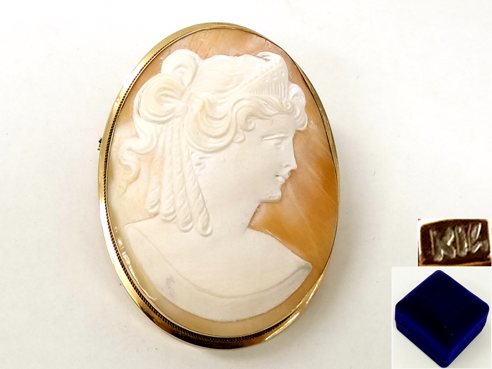 【侍】シェル カメオ 金14K 金具 横向き貴婦人図 ブローチ ペンダントトップ