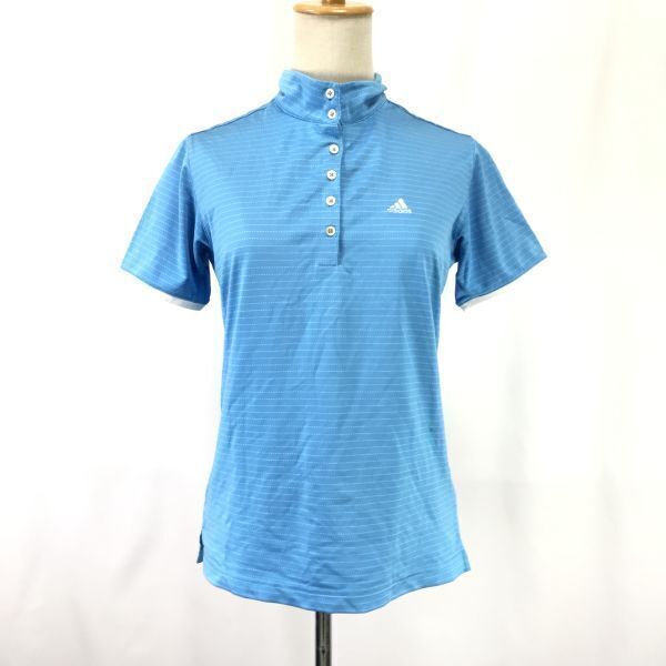 adidas GOLF/アディダス★半袖ポロシャツ【レディースM/blue/青】ゴルフウェア/ハイネック/ボーダー柄/Tops/Shirts◆BH772