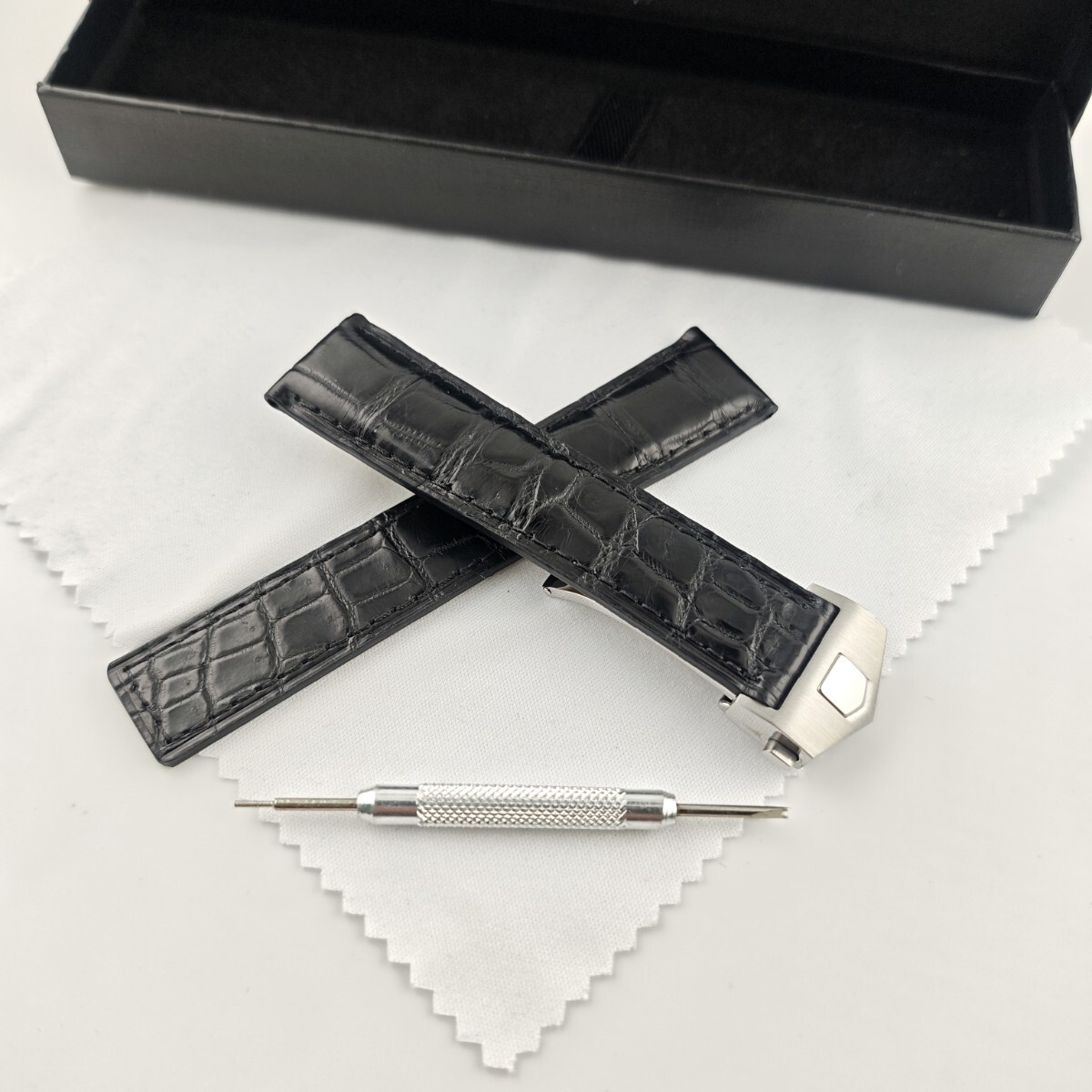 22mm アリゲーター レザー ワニ革ベルト ブラック 竹斑 黒 Dバックル付属 【対応】タグホイヤー TAG HEUER カレラ モナコ 等