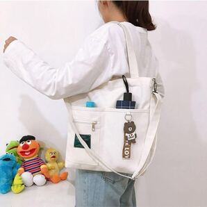 キャンバス トートバッグ 2way レディースショルダーバッグシンプル 通勤通学 ホワイト