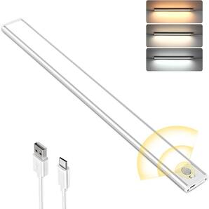 センサーライト 室内用 30cm 極薄タイプ・USB充電式・高感度人感センサー搭載・3色調節&無段階調光 配線不要・簡単取付