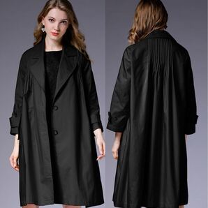 トレンチコート ロングコート フレア ギャザー付き 前開き 無地 ブラック 大きいサイズ