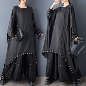 ゆったり ロング丈で体型カバー抜群 ドルマン 長袖 カジュアル 飾りリング 大きいサイズ