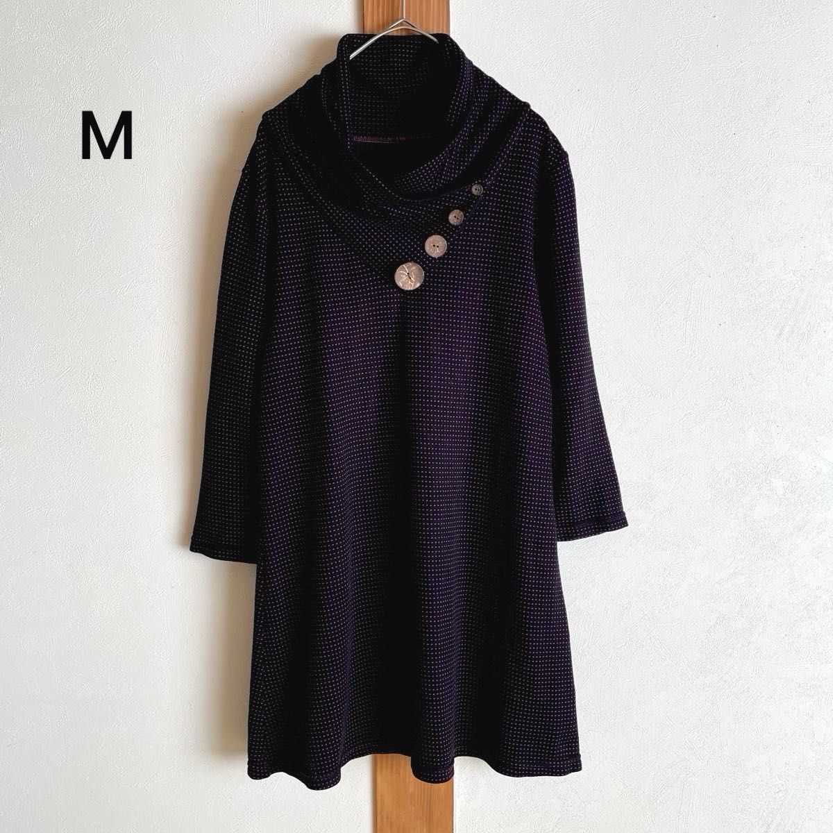 glitgern グリッツァーン　膝丈カットソーワンピース　紫　パープル　小さい柄入り　秋冬　おしゃれ着　ミドル　婦人服　M