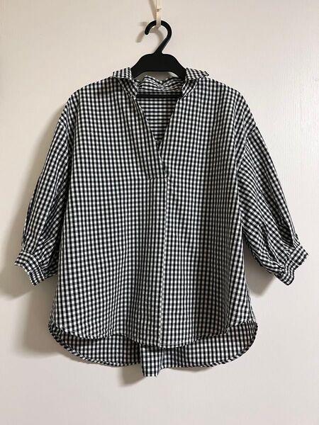 Vis ギンガムチェックシャツ ブラウス M ボリューム袖 スキッパーネック
