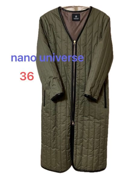 nano universe ナノユニバース ノーカラー Vネック キルティングコート カーキ 36 S