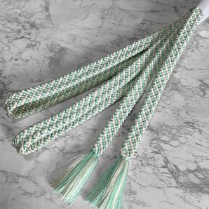 絹 帯締め☆平組 細幅1cm 白色×ミントグリーン(薄緑) 上品 組紐