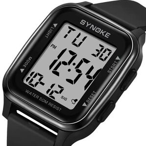 新品 SYNOKEスポーツデジタル 防水 デジタルストップウォッチ メンズ腕時計 スクエア ブラック 9836
