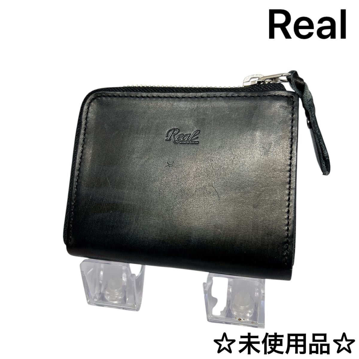 【Real】レアル　本革　 牛革 L字ファスナー コンパクト ウォレット 財布　 ブラック　札入れ　カード入れ 黒 レザー