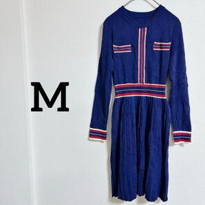 レア 【M】ネイビー ストライプ 長袖 ニットワンピース おしゃれ 紺 赤