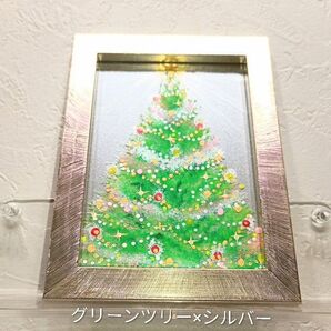 クリスマス インテリア雑貨 ハンドメイド作品 Xmas 季節を楽しむ絵画*光と重なる2枚仕立てのクリスマスツリーアート プチギフト
