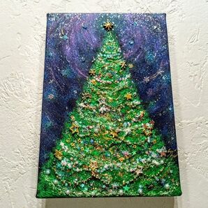 風水開運絵画*希望の光のシンボルツリー金運・幸運を引き寄せる 星の木 仲間 前進 夜空 絵画原画 クリスマス ギフトプレゼント 星