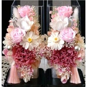 仏花 プリザーブドフラワーアレンジ クリアケース入り お供え花 1対 ピンク×ホワイト
