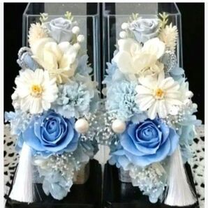 仏花 プリザーブドフラワーアレンジ クリアケース入り お供え花 1対 ライトブルー×ホワイト