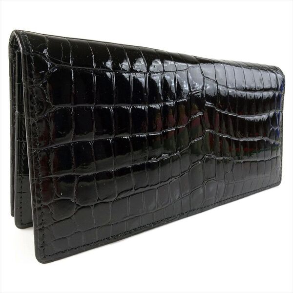 新品 クロコダイルレザー 札入れ 長財布 ツヤ 左右対称 ブラック 黒 一枚切り 本革 ワニ革 シャイニング 無双 メンズ 箱付き