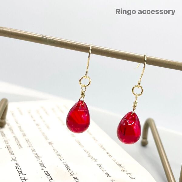 NO.221 再再再販☆大粒チェコビーズ一粒ドロップピアス/イヤリング/シャムレッド/雫/サージカルステンレス/金具変更無料☆