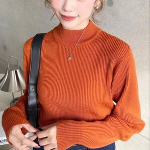 moment+ ニット セーター 12G ボトルネックカラーリブニットプルオーバー ハイネックセーター オレンジ
