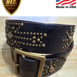 HTC ネイティブ柄スターバーストベルト Dブラウンレザー×ブラススタッズ 34インチ