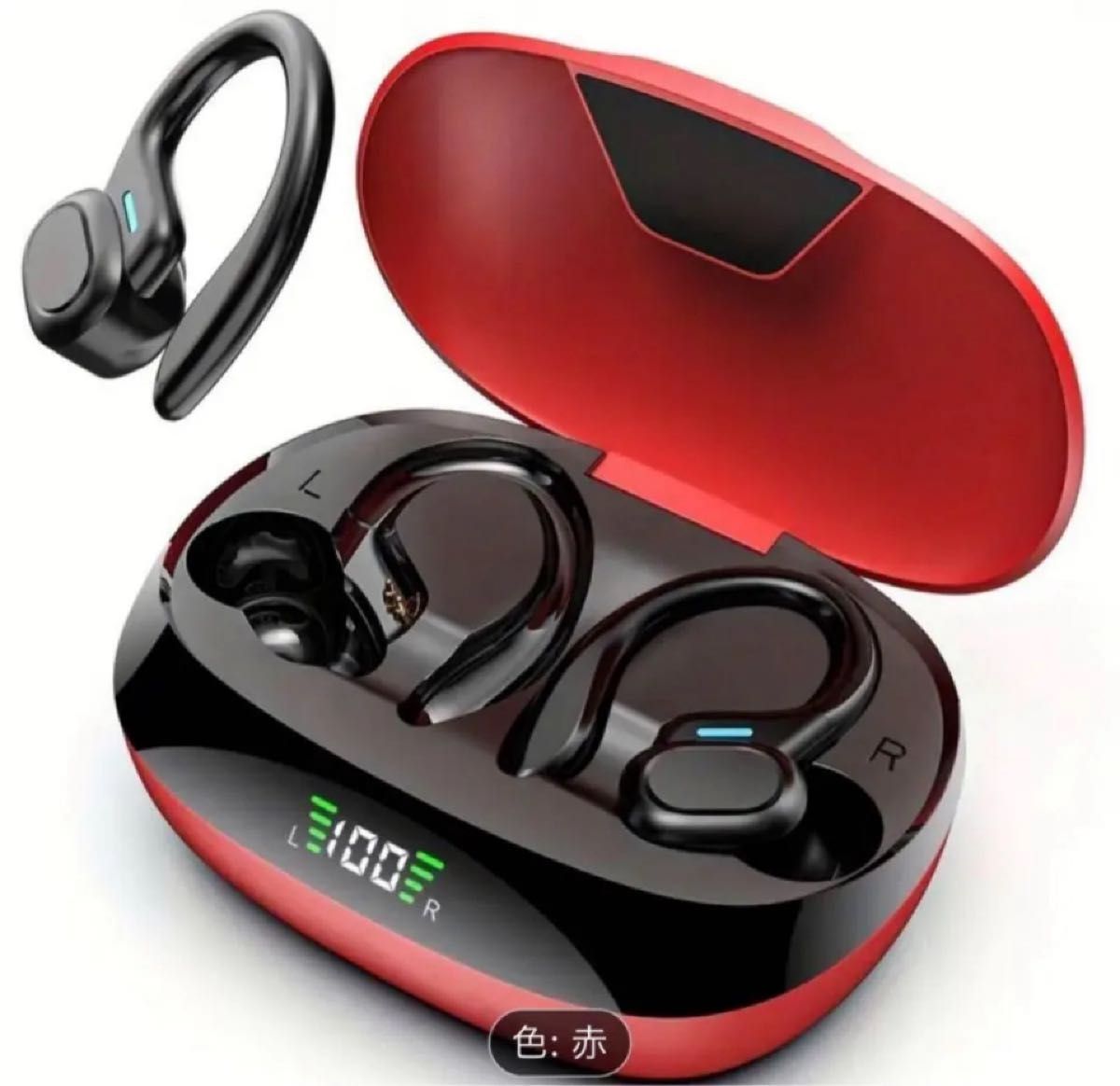 ワイヤレスイヤホン 耳掛け式 ステレオ チャージングケース付き スポーツ用レッド bluetooth イヤホン